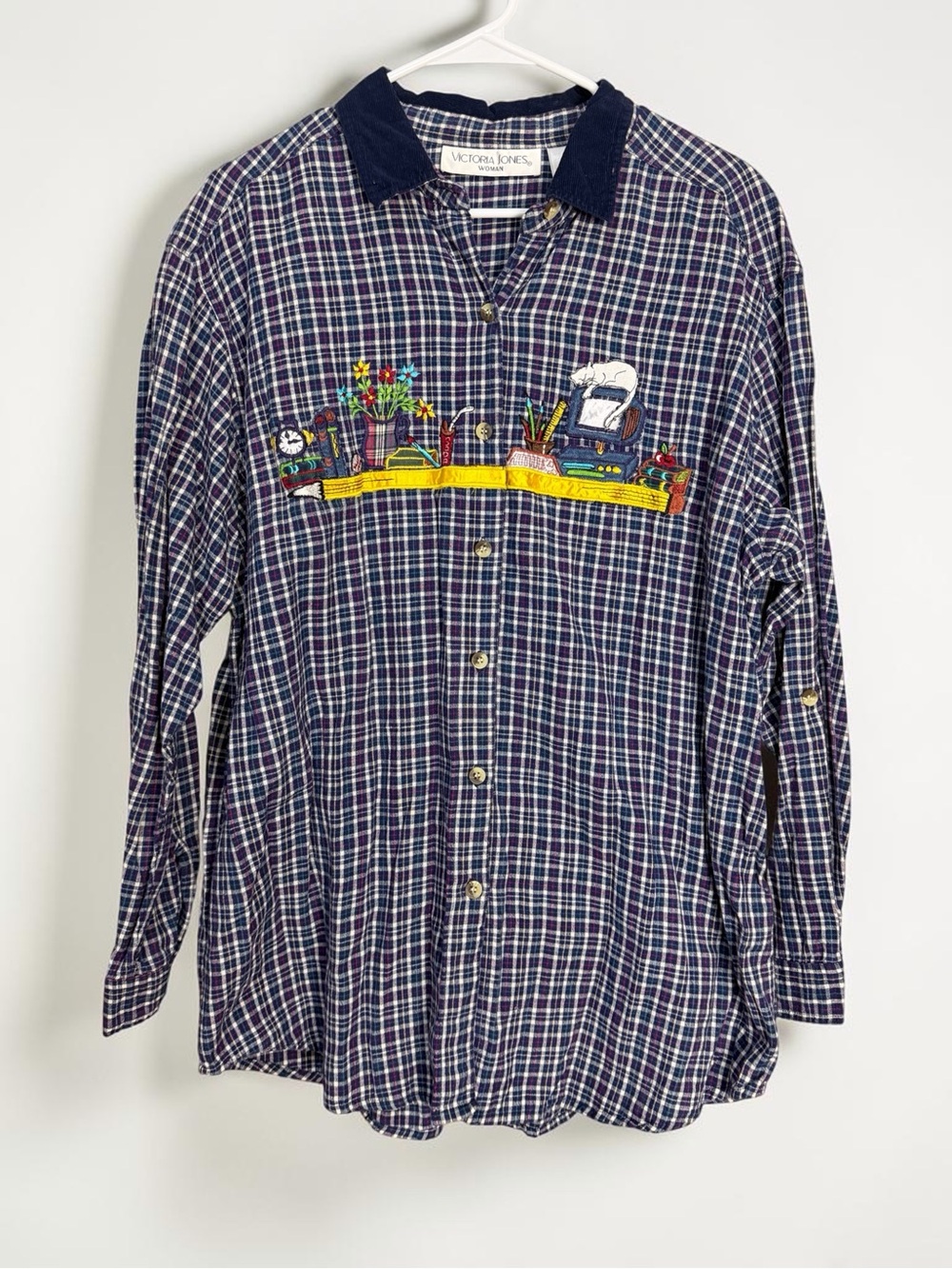 Vintage Victoria Jones Woman 20W Plaid Button Front Shirt Teacher Books Cat - Picture 2 of 13